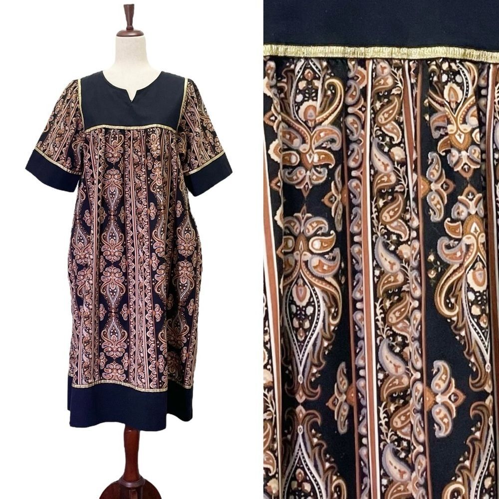 Krist Gudnason California Boho House Dress Size Large Black Paisley Caftan MuMu - Picture 2 of 13